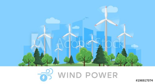 Wind power plant and factory. Wind turbines. Green energy industrial concept. Renewable energy sources.