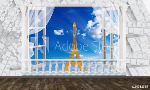 Window view of the Eiffel tower. 3D rendering. - 901151828