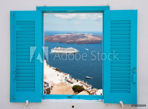 window with view of Santorini volcano