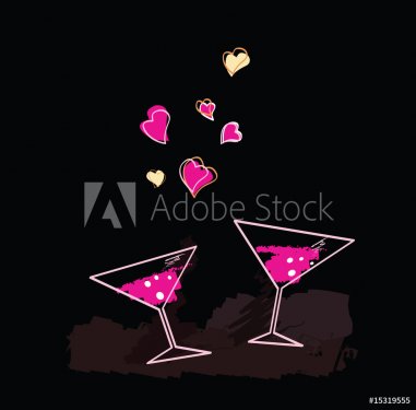Wine evening.  Art Illustration of Wine glasses with hearts.