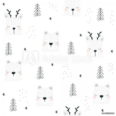 Winter cute seamless pattern with animals and spruce trees. Vector hand drawn... - 901151839
