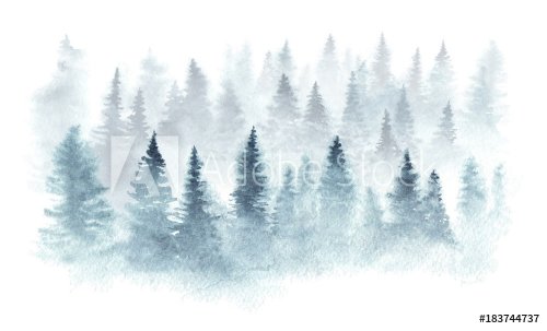Winter forest in a fog painted in watercolor. - 901153600