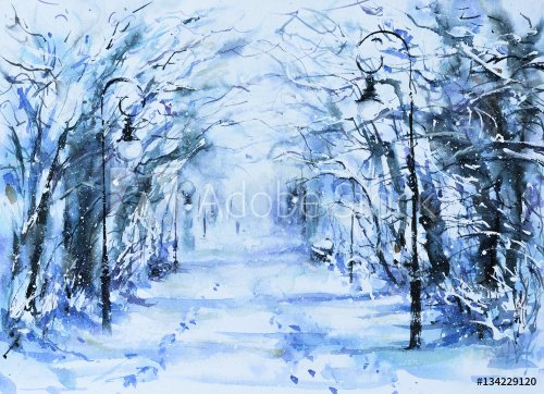 Winter in park.Picture created with watercolors.