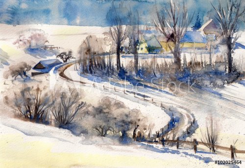 Winter landscape with road to village.Picture created with watercolors. - 901153801
