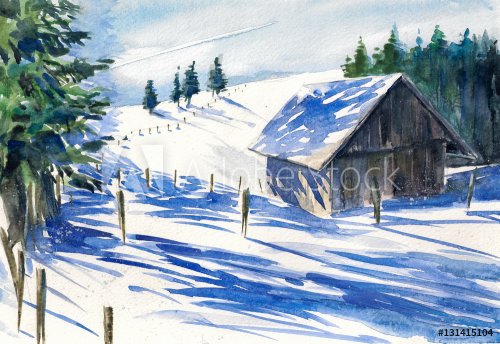 Winter landscape with small house in mountains watercolor painted.