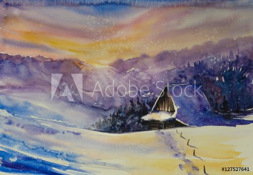Winter scene.Cottage covered with snow,mountains at sunset in background.Picture created with watercolors.