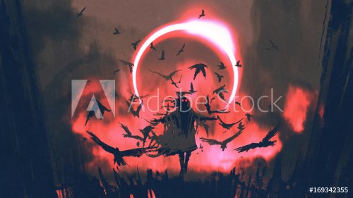 wizard of crows casting a spell in the mysterious field with solar eclipse, digital art style, illustration painting
