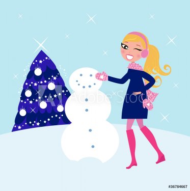 Woman building winter christmas snowman .. - 900706100