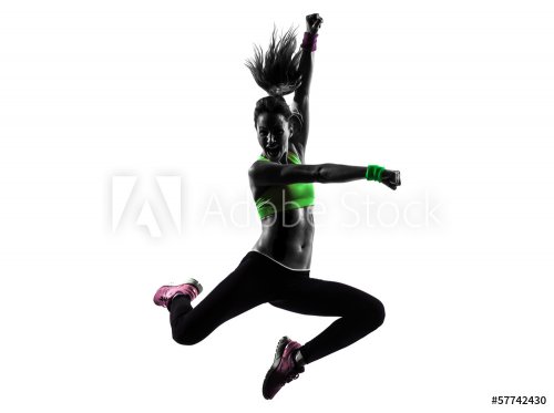 woman exercising fitness zumba dancing jumping silhouette - 901141880