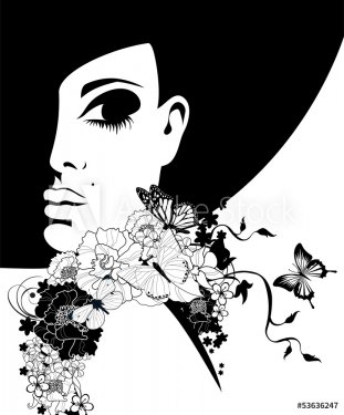 woman in a black hat with flowers and butterflies