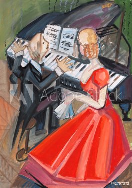 woman in red dress and pianist