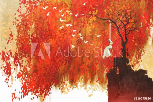 woman on a swing under autumn tree,illustration painting - 901153914