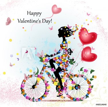 Woman on bicycle with valentines - 901138353