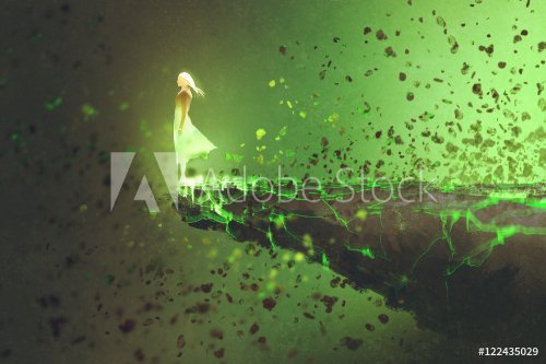 woman standing lonely on the edge of a cliff with explosion effect,illustration painting