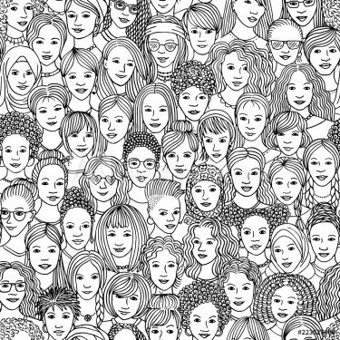 Women - hand drawn seamless pattern of a crowd of different women from diverse ethnic backgrounds in black and white