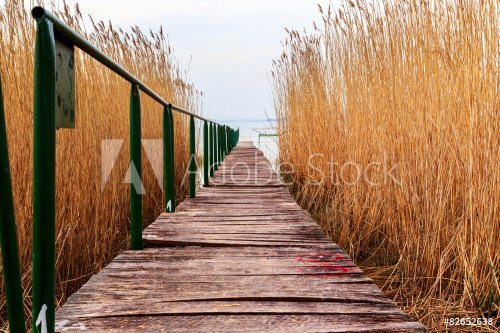 Wooden pier in tranquil lake Balaton - 901147871