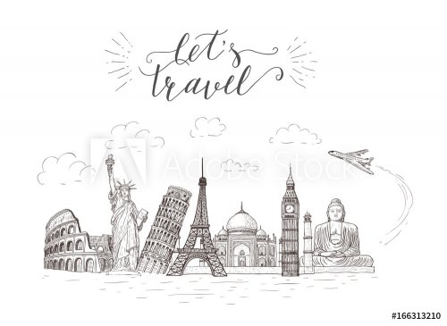 World travel and sights. Tourism banner with hand-lettering quote.