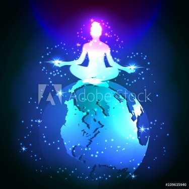 Yoga in space. The meditative state of man's soul. Vector glowing background. - 901147907