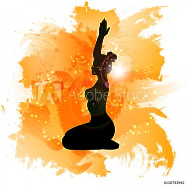 Yoga on watercolor background. The meditative state of man's soul. Vector glowing background.