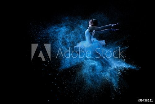 Young beautiful dancer jumping into blue powder cloud - 901142632