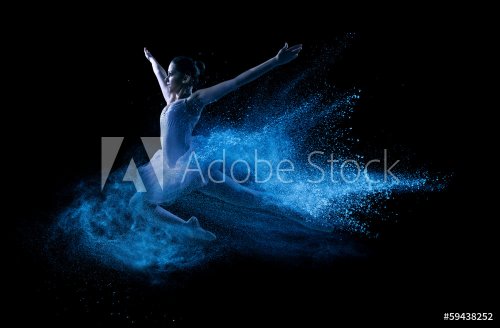 Young beautiful dancer jumping into blue powder cloud - 901142983