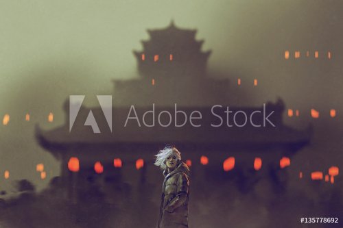 young man standing against ancient temple with red lights,illustration painting - 901153869