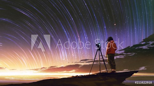 young photographer taking picture of sunrise sky with star trails, digital art style, illustration painting