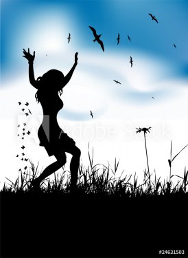 Young woman dancing on summer meadow - 900459429