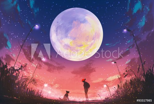 young woman with dog at beautiful night with huge moon above,illustration pai... - 901153661
