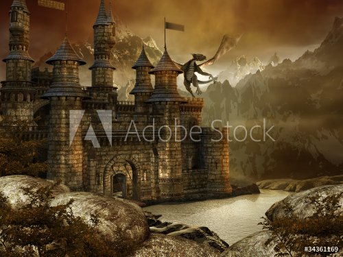 Zamek fantasy w górach nad jeziorem - 900459728