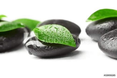 zen stones and leaves with water drops - 901139588