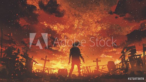 zombie walking in the burnt cemetery with burning sky, digital art style, ill... - 901153860
