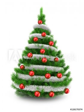3d illustration of green Christmas tree over white background with tinslel and red balls