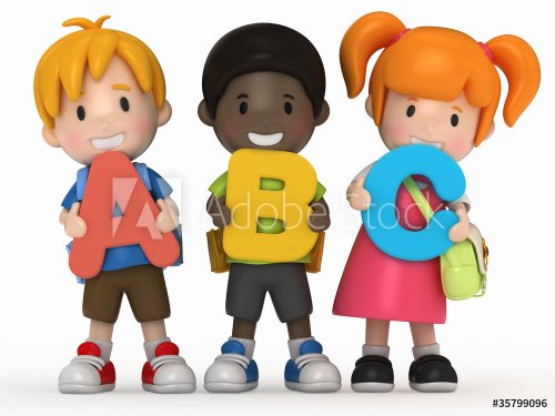 3D render of school kids holding ABC