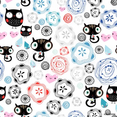 abstract pattern with kittens and owls - 900458695