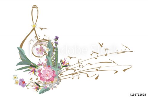 Abstract treble clef decorated with summer and spring flowers, notes. Hand dr... - 901154287
