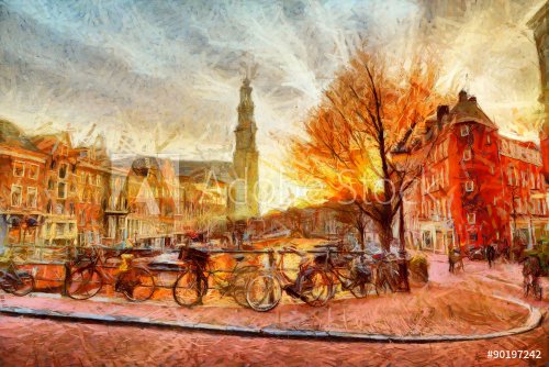 Amsterdam canal at evening impressionistic painting - 901148077