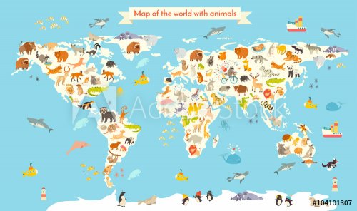 Animals world map. Colorful cartoon vector illustration for children and kids. Preschool, education, baby, continents, oceans, drawn, Earth