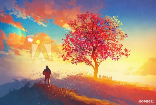 autumn landscape with alone tree on mountain,coming home concept,illustration... - 901153638