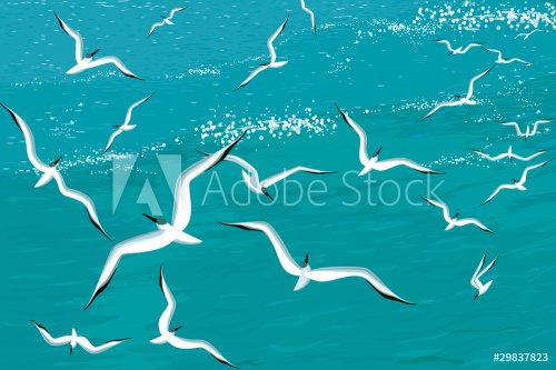 Background with gulls flying over the sea
