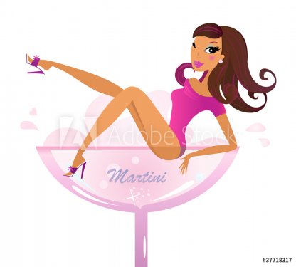 Beautiful retro girl in pink Martini glass isolated on white - 900534681
