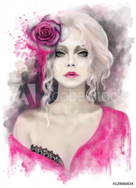 beautiful woman with blonde curly hair, watercolor painting, splash paint. Digital illustration. pink rose. passionate, impassioned,  fantasy .portrait