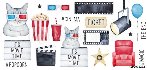 Big Cinema Set with cute funny kitty character, Movie Time elements, media hashtags, clapper, filmstrip. Red, blue, gold, black color. Hand drawn watercolour graphic drawing on white background.