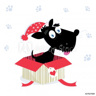 Black dog puppy sitting in a christmas present. VECTOR