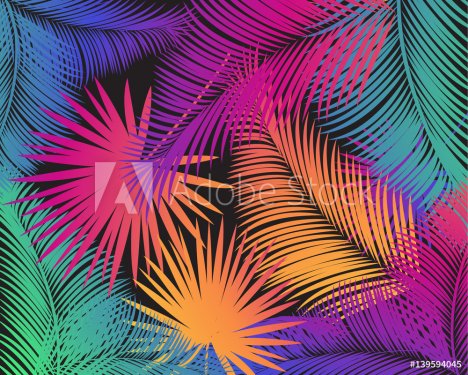 Carnival abstract colorful palm tree leaves pattern. Vector night party, trop... - 901152350