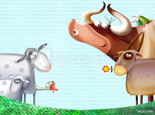 cartoon  farm animals group/farm background with animals - 900455892