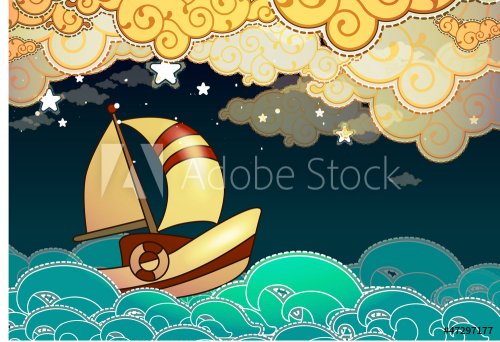 Cartoon stile ship sailing in the night - 900954627