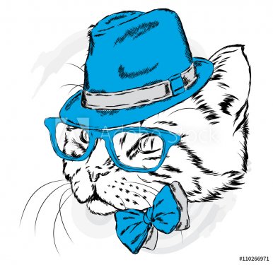 Cat in a hat and glasses. Vector illustration.