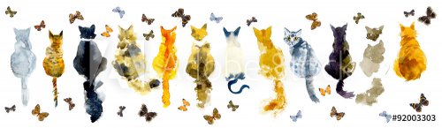 Cats and butterflies. Seamless border stripe. Watercolor hand drawn illustration - 901153481