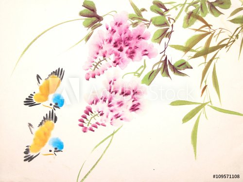 Chinese ink painting bird and plant - 901149243